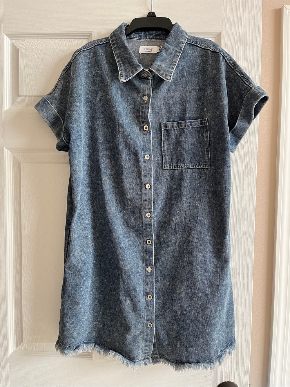Bluivy Denim Dress with fringe bottom, cuffed arms, pockets and buttons